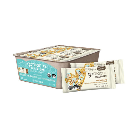 GoMacro empaque frontal mostrando sabor coco y almendra, práctico para llevar