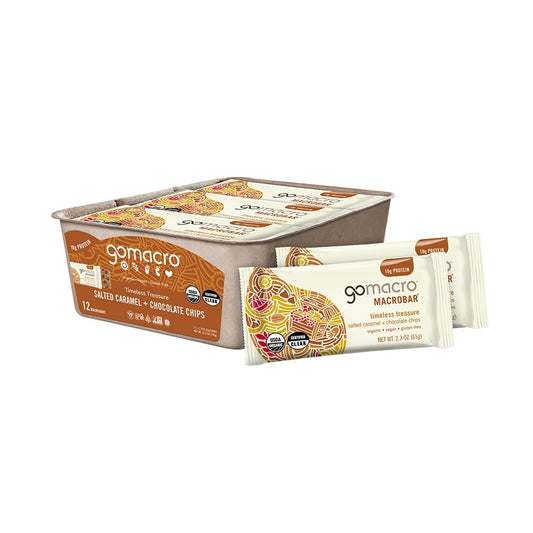 GoMacro paquete frontal MacroBar caramelo salado y chispas de chocolate, snack orgánico práctico