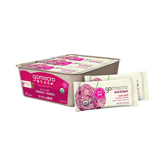 GoMacro empaque frontal de MacroBar Cherries + Berries mostrando certificaciones y sabor