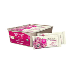 GoMacro empaque frontal de MacroBar Cherries + Berries mostrando certificaciones y sabor