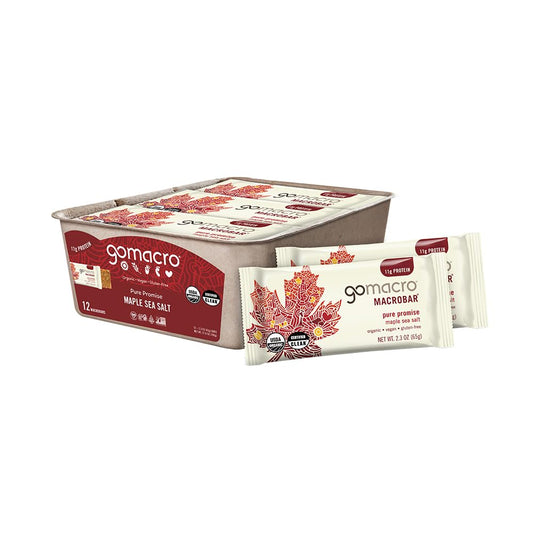 GoMacro empaque frontal mostrando la barrita y beneficios nutritivos