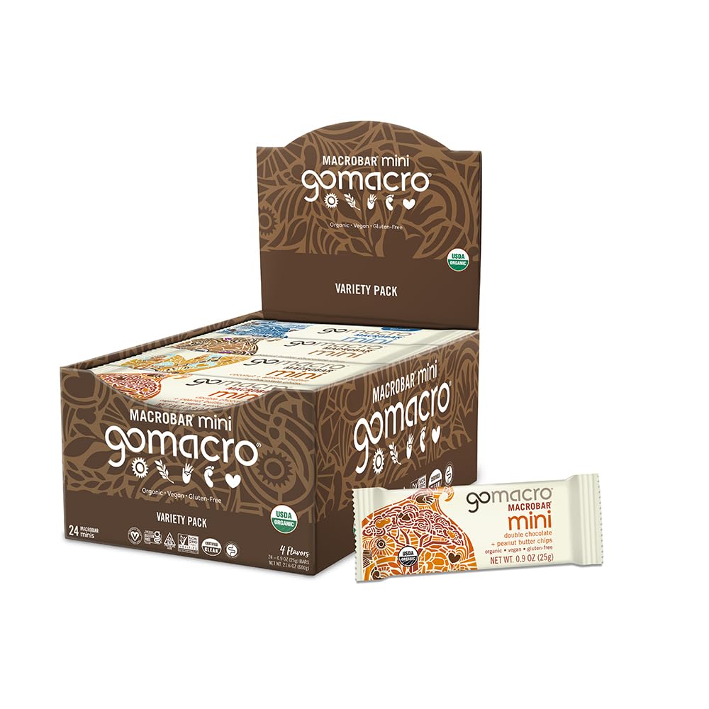 GoMacro frente del pack variado mostrando 24 barritas, práctico para llevar