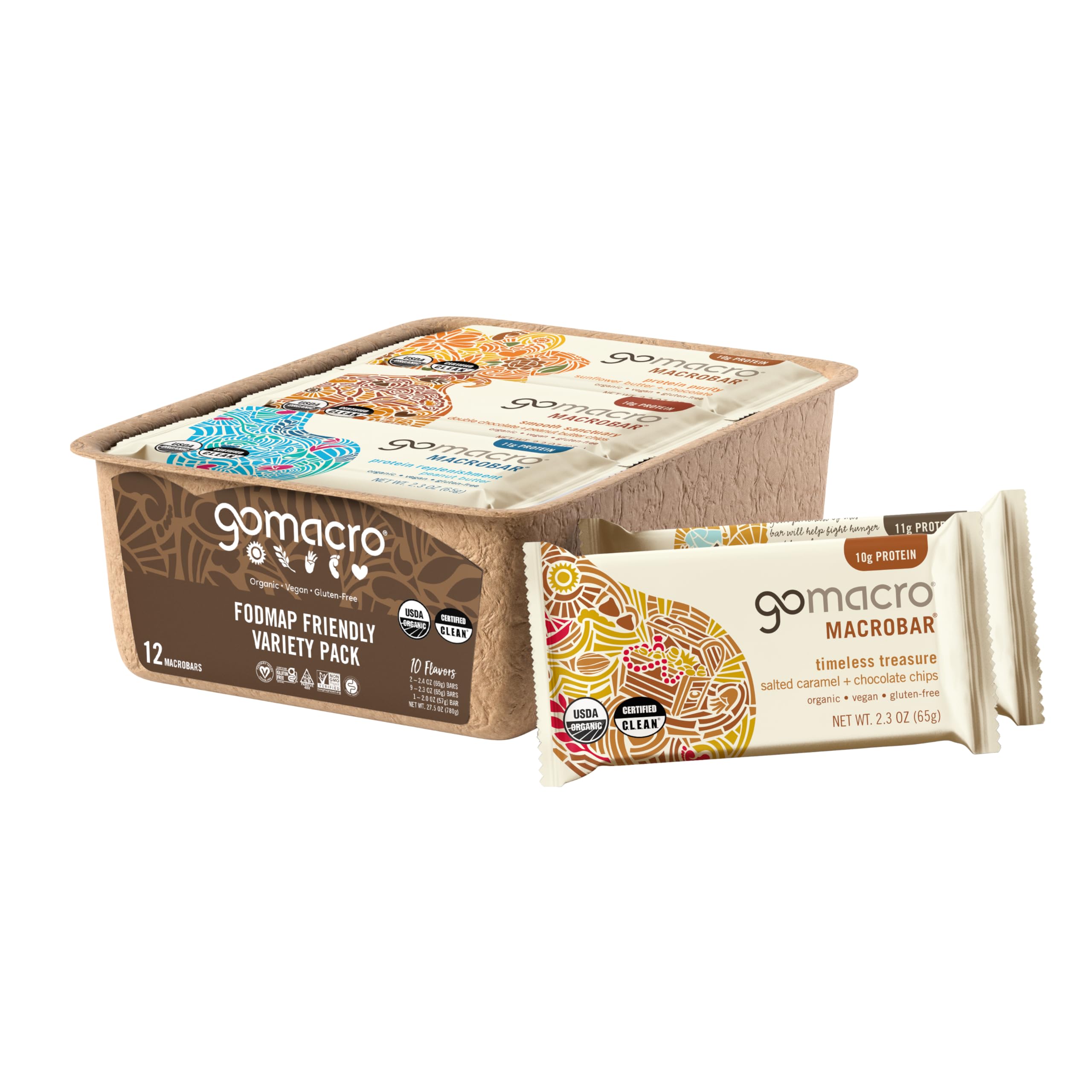 GoMacro pack variado frontal mostrando sabores y empaques beneficios saludables