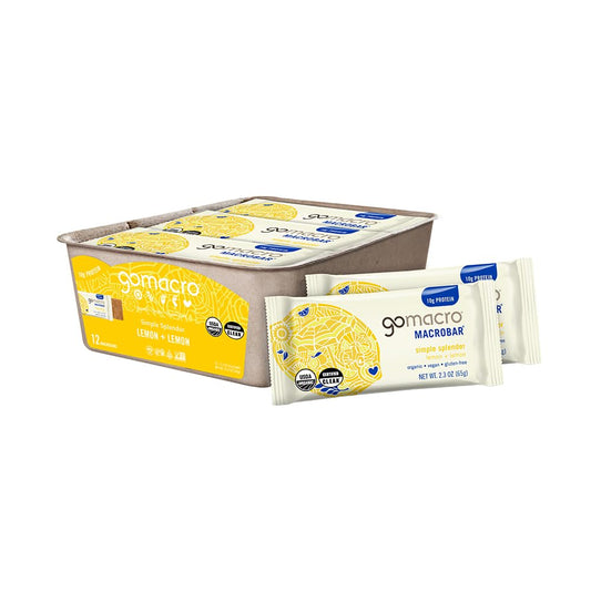 GoMacro empaque frontal mostrando barra limón orgánica y beneficio portable