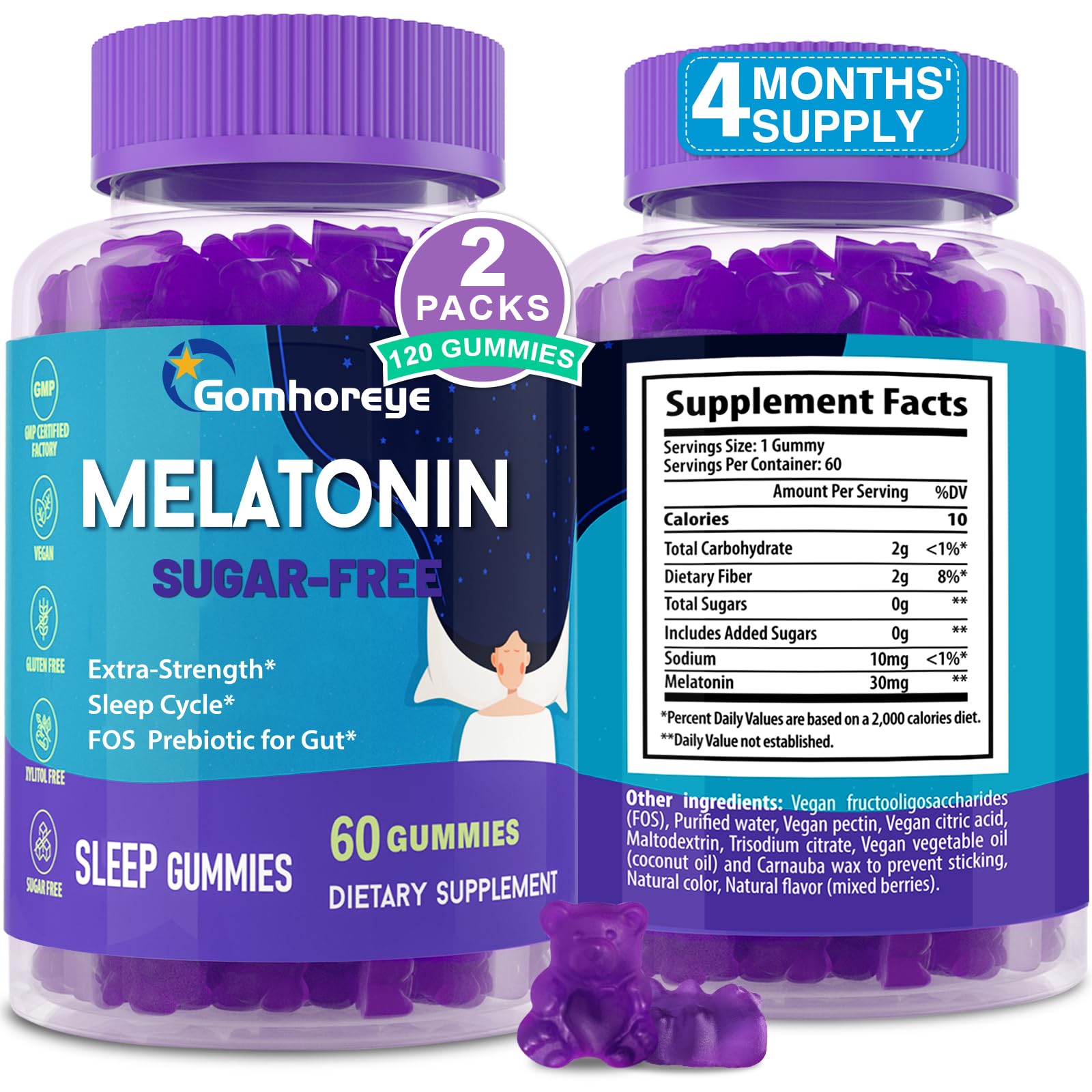 Gomhoreye melatonina 30 mg botella de gomitas para descanso nocturno de calidad