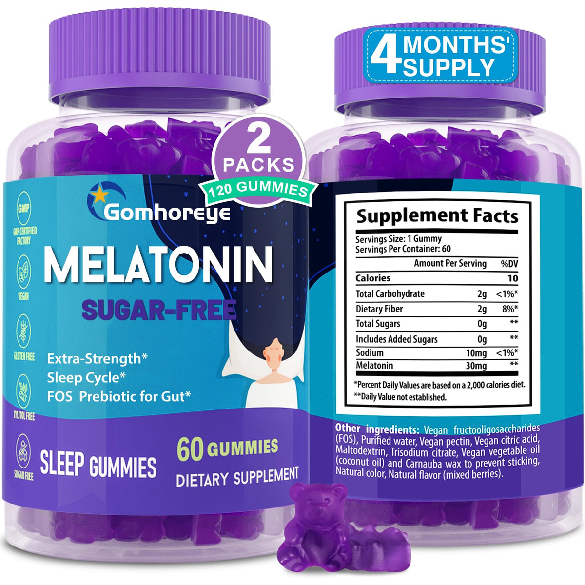 Gomhoreye melatonina 30 mg botella de gomitas para descanso nocturno de calidad