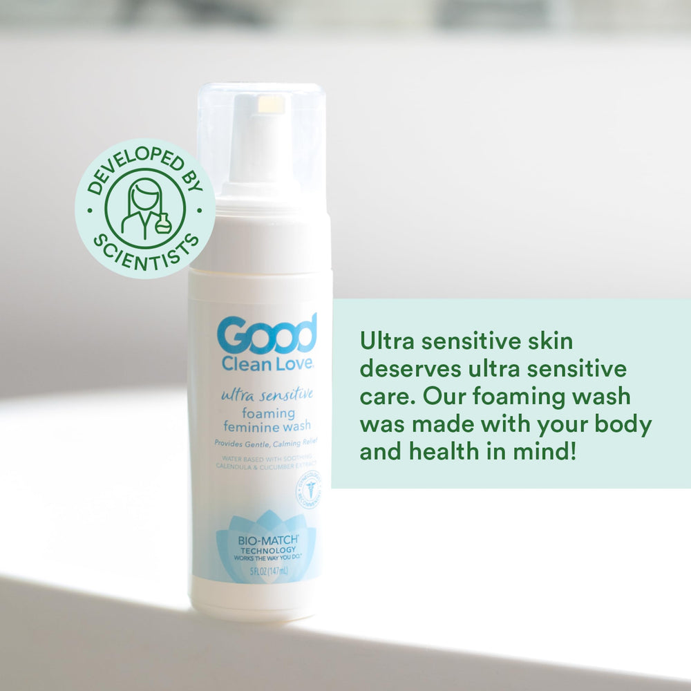 Good Clean Love etiqueta con ingredientes y beneficio hipoalergénico visible