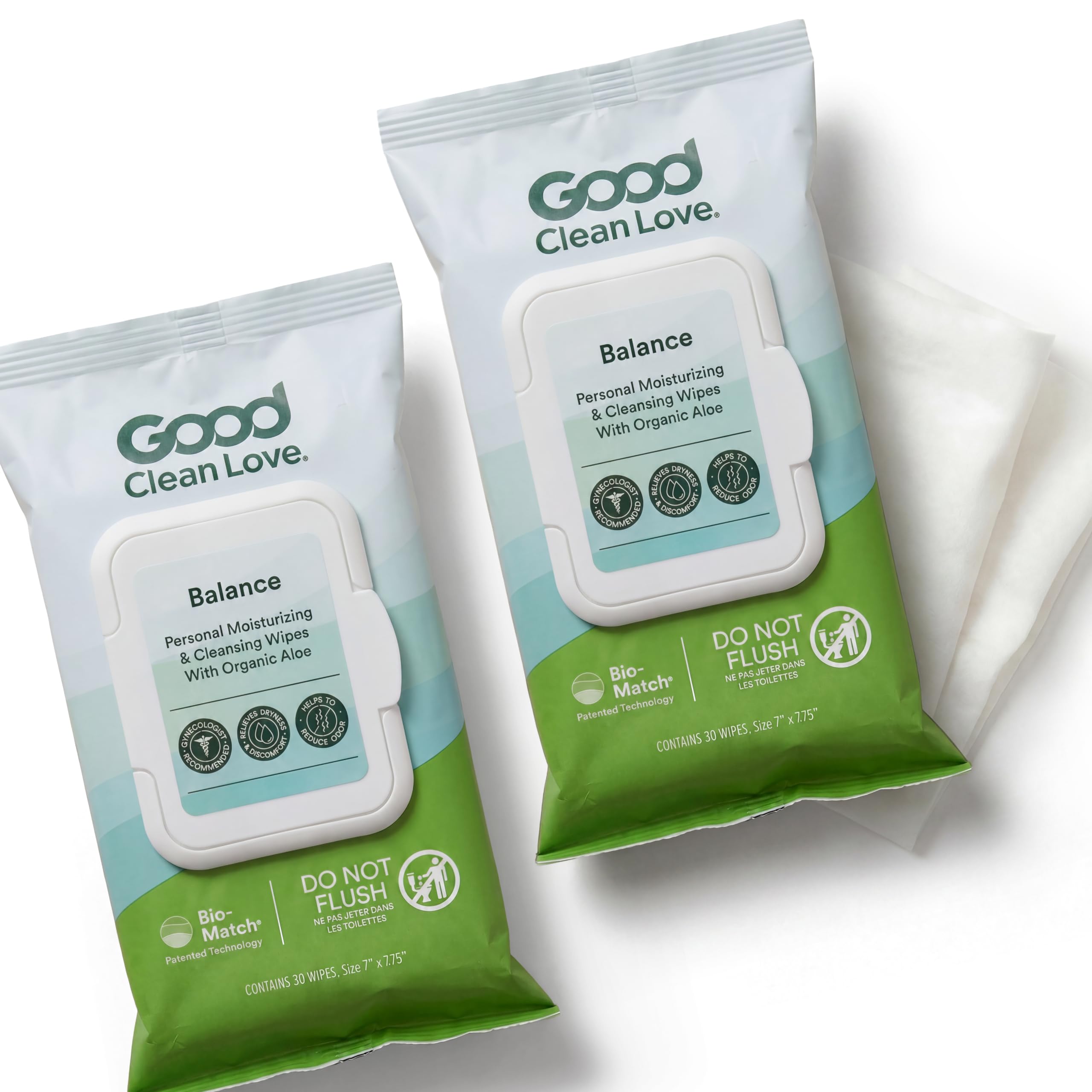 Good Clean Love paquete frontal que muestra 60 toallitas y conveniencia