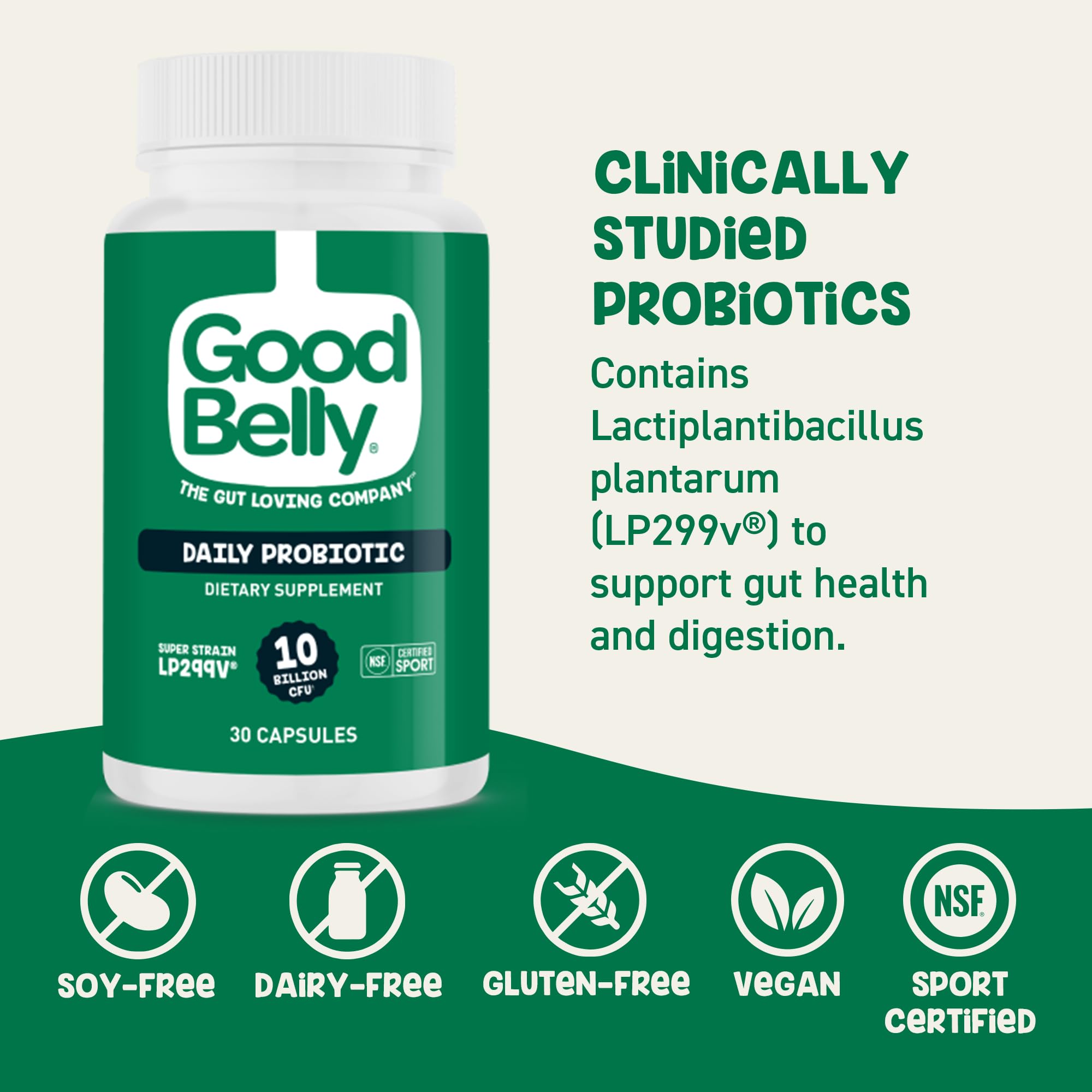 GoodBelly polvo interior de cápsula ilustra pureza y cepa LP299v