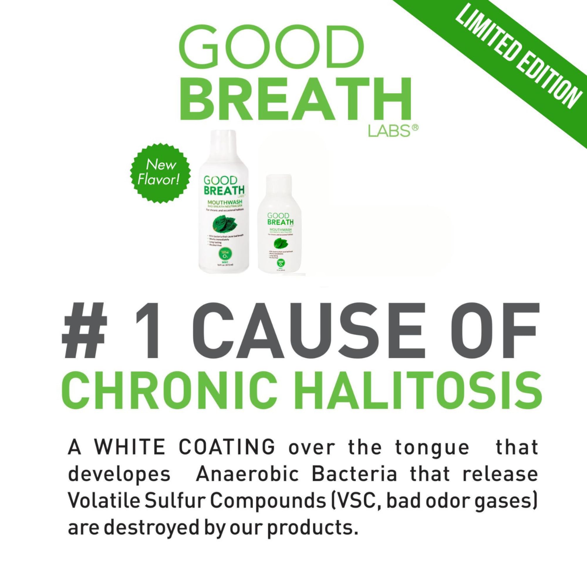 Good Breath Labs botella en un baño luminoso para un ambiente de rutina saludable