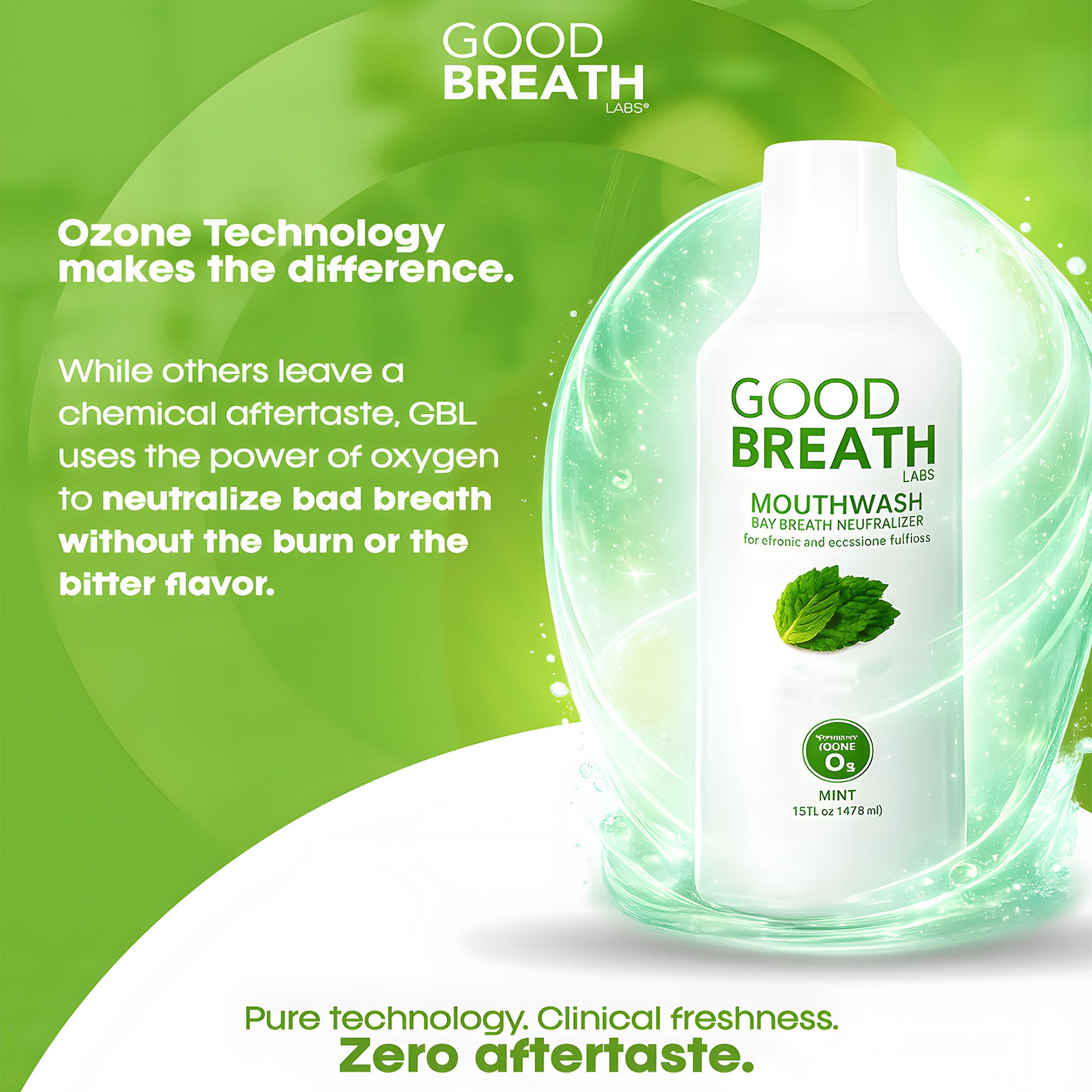 Good Breath Labs gota de enjuague color claro con aroma de menta, muestra textura suave