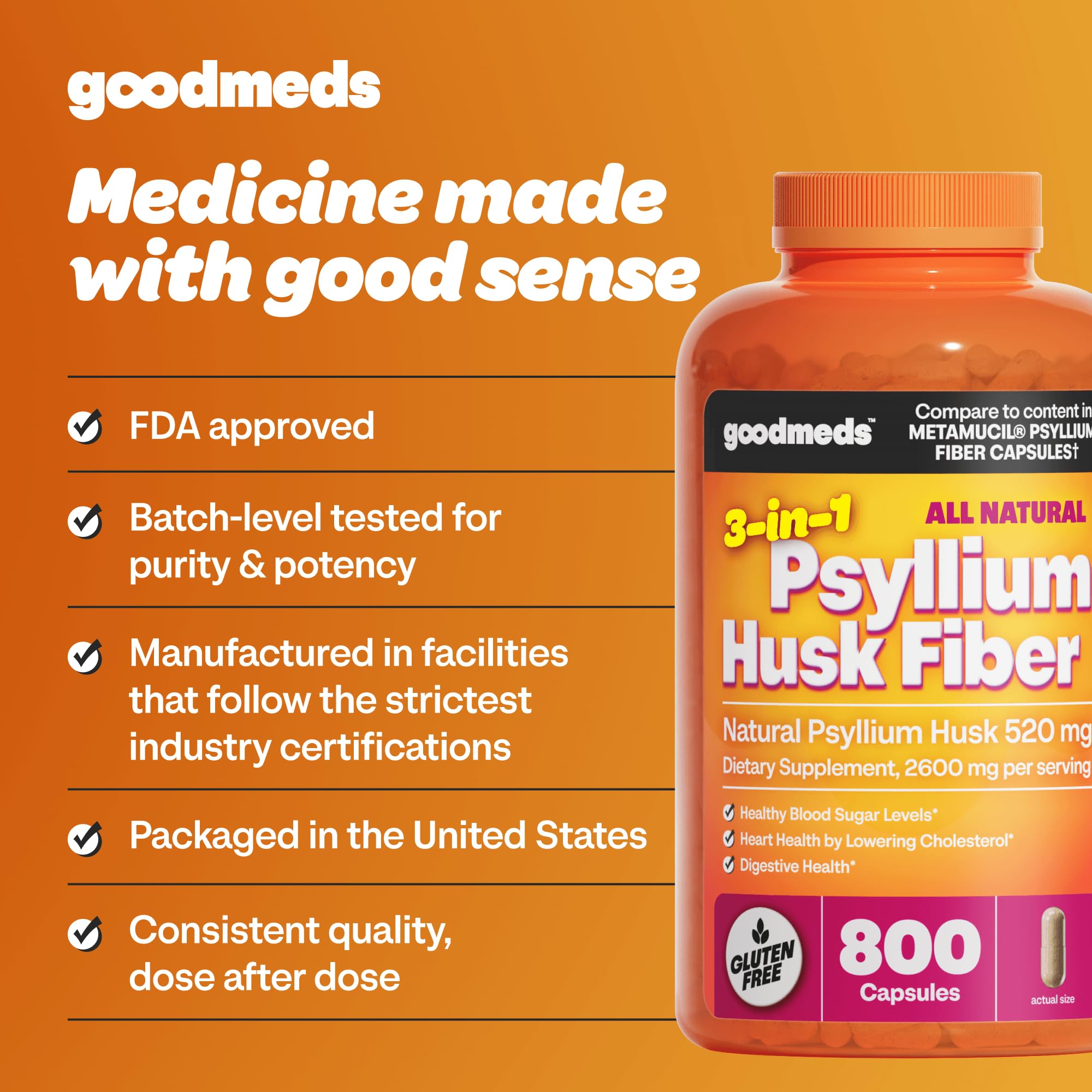 GoodMeds etiqueta del producto destacando psyllium puro y limpieza de fórmula