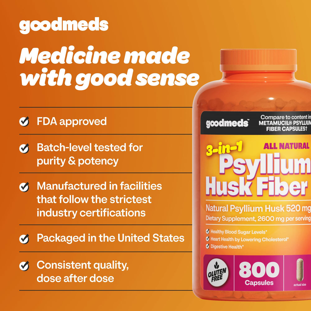 GoodMeds etiqueta del producto destacando psyllium puro y limpieza de fórmula