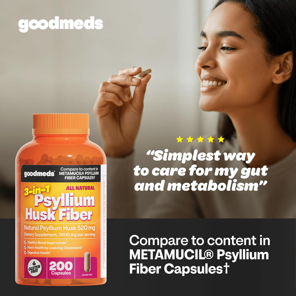 Close-up de cápsulas GoodMeds Psyllium Hus k que destaca su pureza y textura