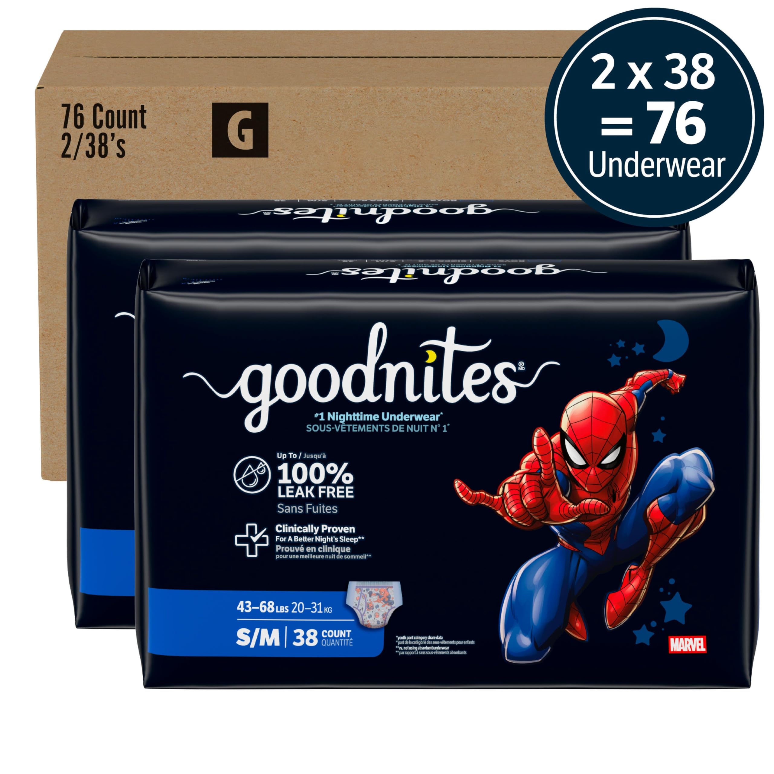 GoodNites primer plano del estampado Spider‑Man que agrada a niños