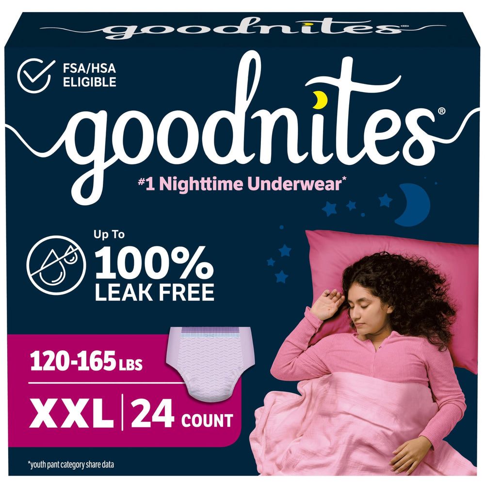 GoodNites embalaje frontal mostrando marca y cantidad, ofrece protección nocturna