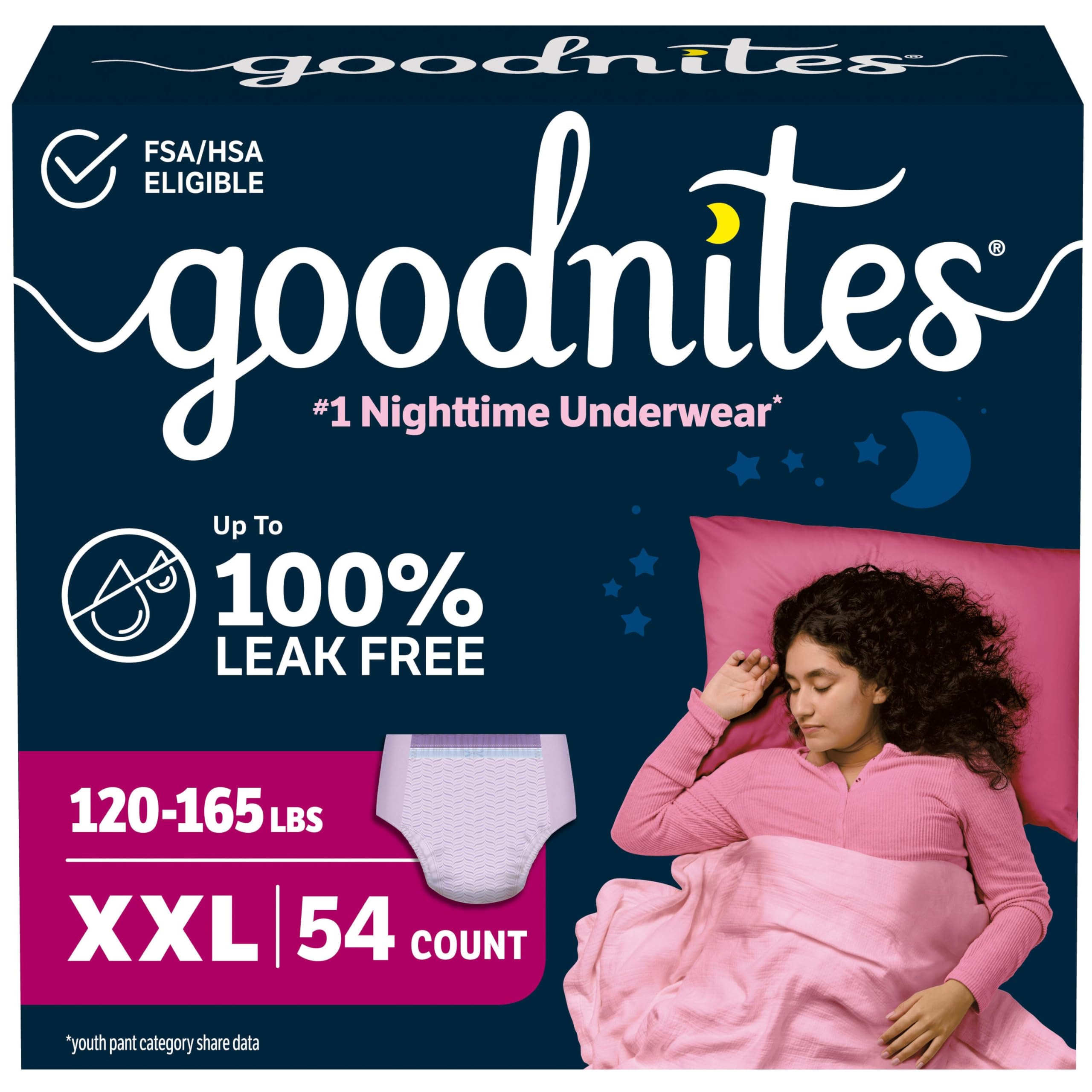 GoodNites empaque frontal mostrando talla XXL y 54 unidades para seguridad nocturna