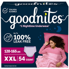 GoodNites empaque frontal mostrando talla XXL y 54 unidades para seguridad nocturna