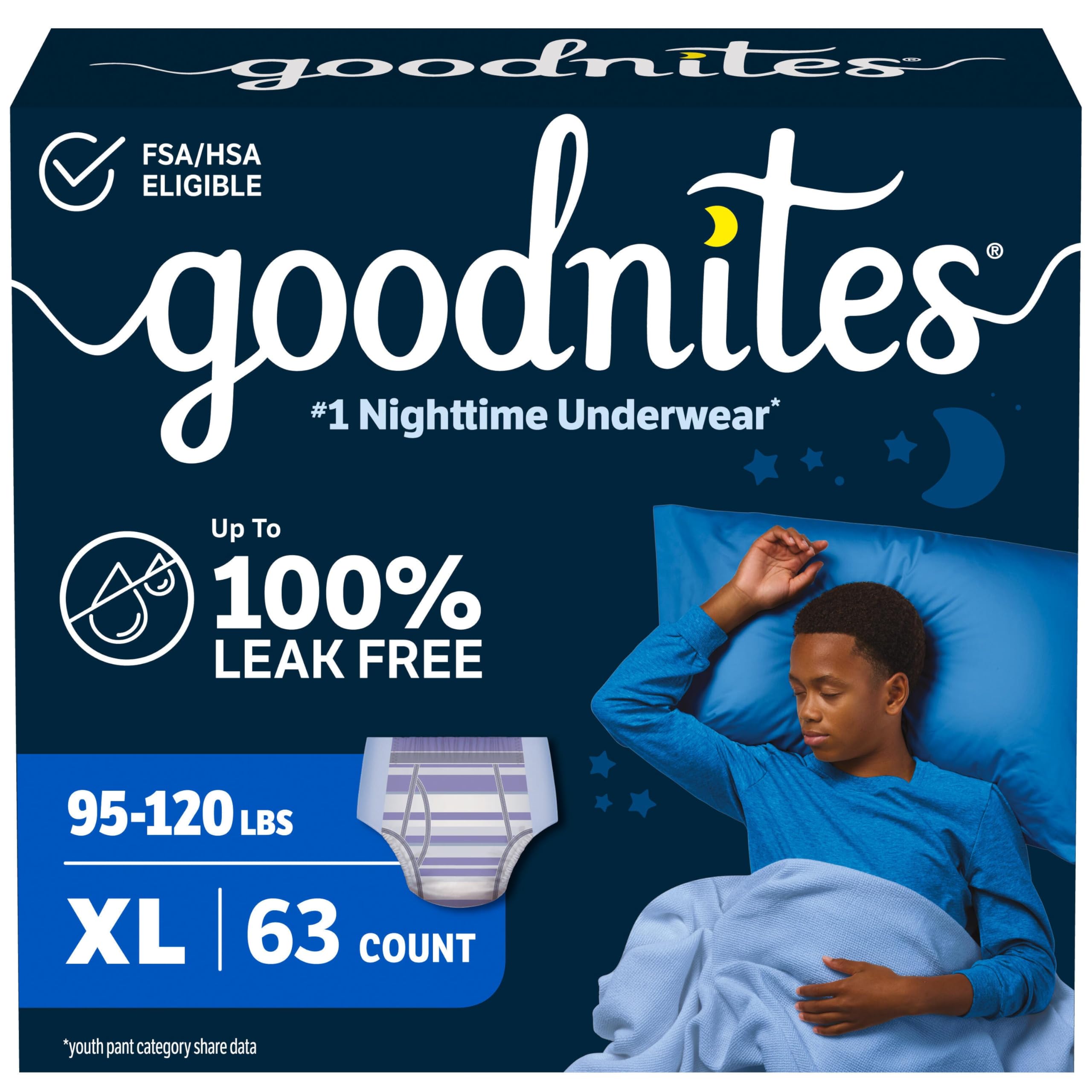 GoodNites empaque frontal XL mostrando tamaño y cantidad, protección confiable