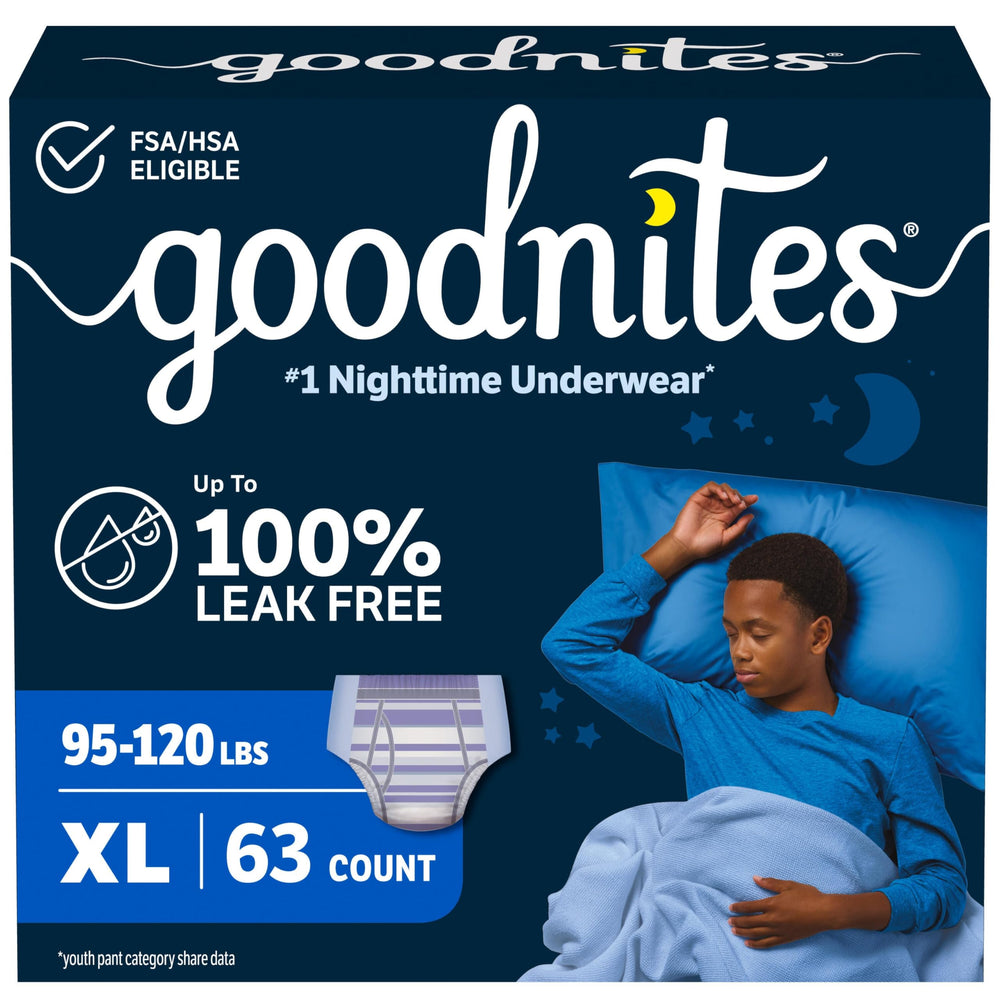 GoodNites empaque frontal XL mostrando tamaño y cantidad, protección confiable