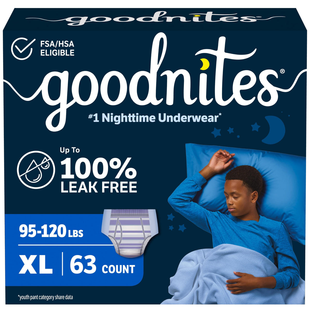 GoodNites empaque frontal XL mostrando tamaño y cantidad, protección confiable