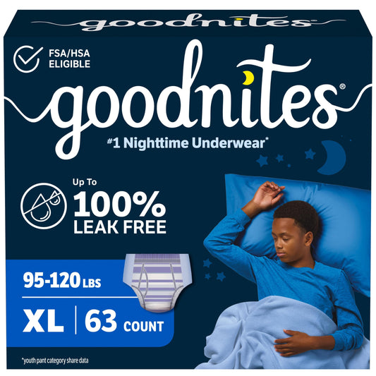 GoodNites empaque frontal XL mostrando tamaño y cantidad, protección confiable