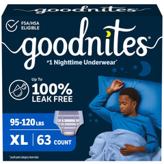 GoodNites empaque frontal XL mostrando tamaño y cantidad, protección confiable