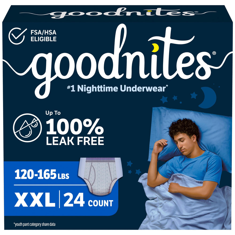 GoodNites empaque frontal talla XXL mostrando cantidad y diseño, protección confiable