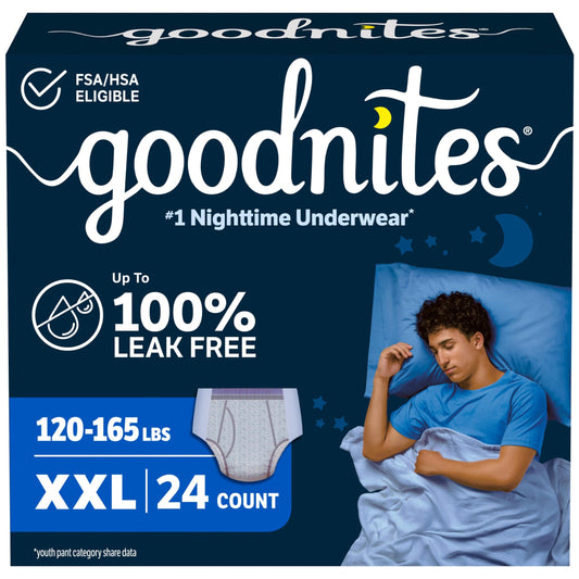 GoodNites empaque frontal talla XXL mostrando cantidad y diseño, protección confiable