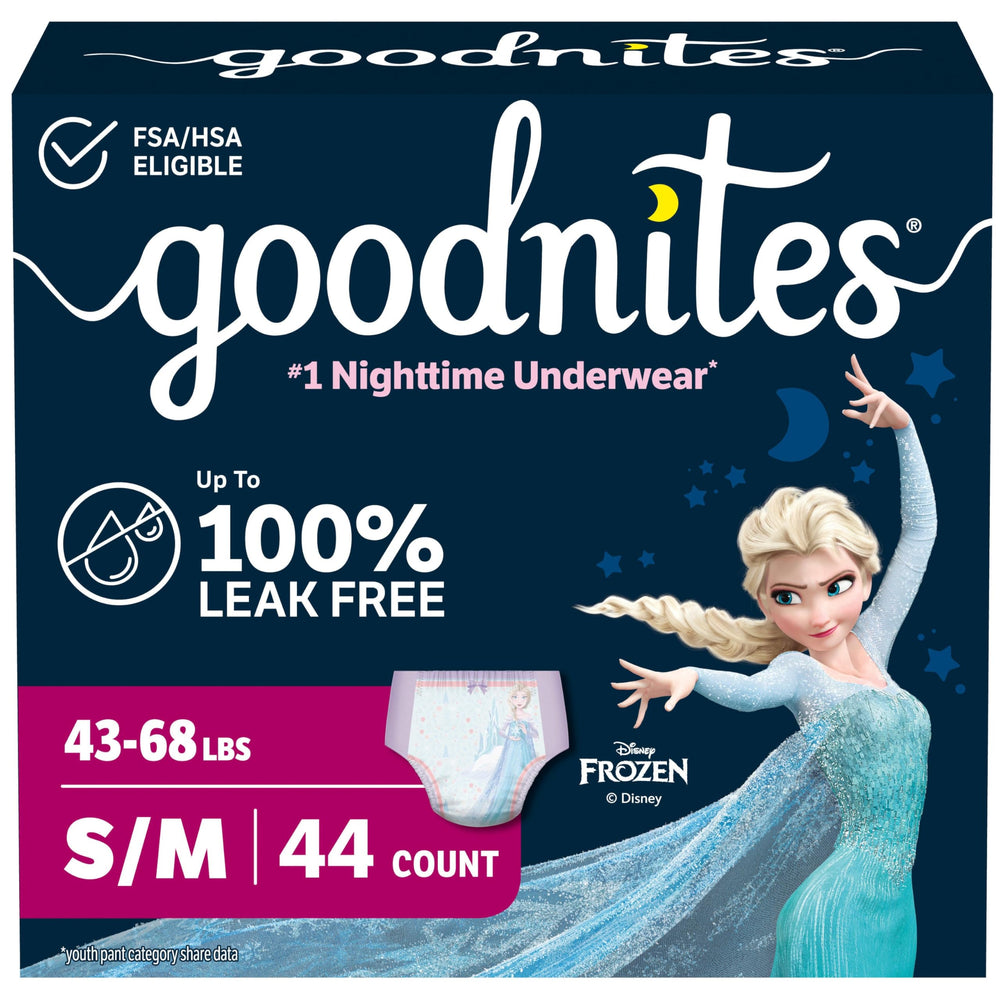 GoodNites empaque frontal mostrando 44 unidades y diseño Frozen, protección confiable