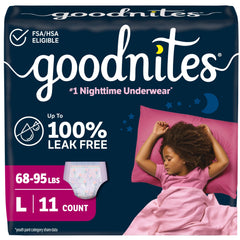 GoodNites empaque frontal mostrando 11 unidades y detalles visibles, seguridad nocturna