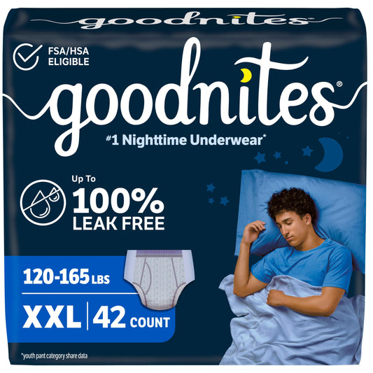 GoodNites empaque frontal mostrando pack doble y número de unidades, transmite confianza