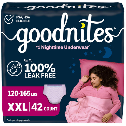 GoodNites empaque frontal mostrando 42 unidades y protección nocturna