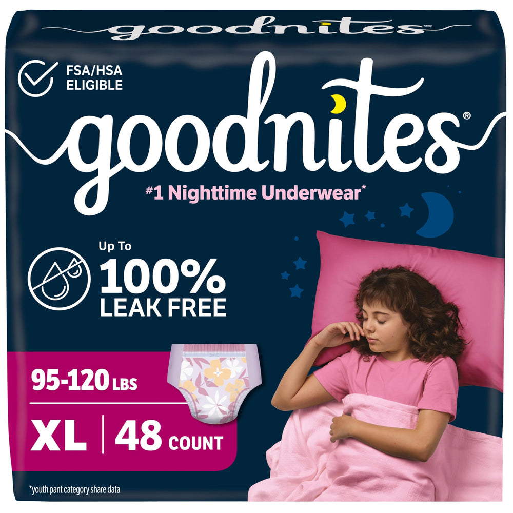 GoodNites frente del empaque XL mostrando cantidad y talla, brinda confianza