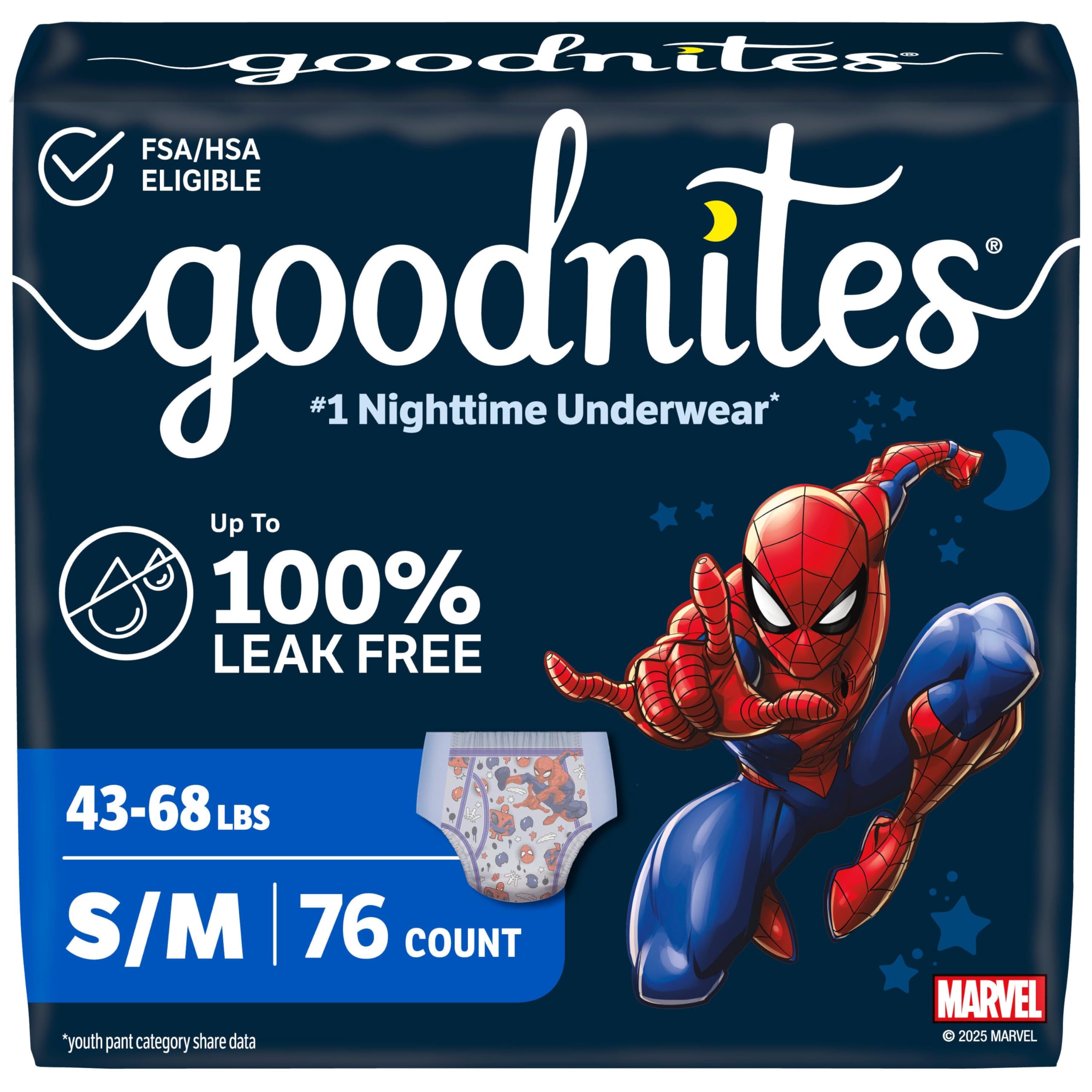 GoodNites empaque frontal mostrando protección y diseño Spider‑Man