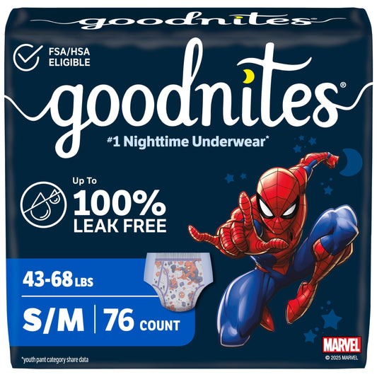GoodNites empaque frontal mostrando protección y diseño Spider‑Man