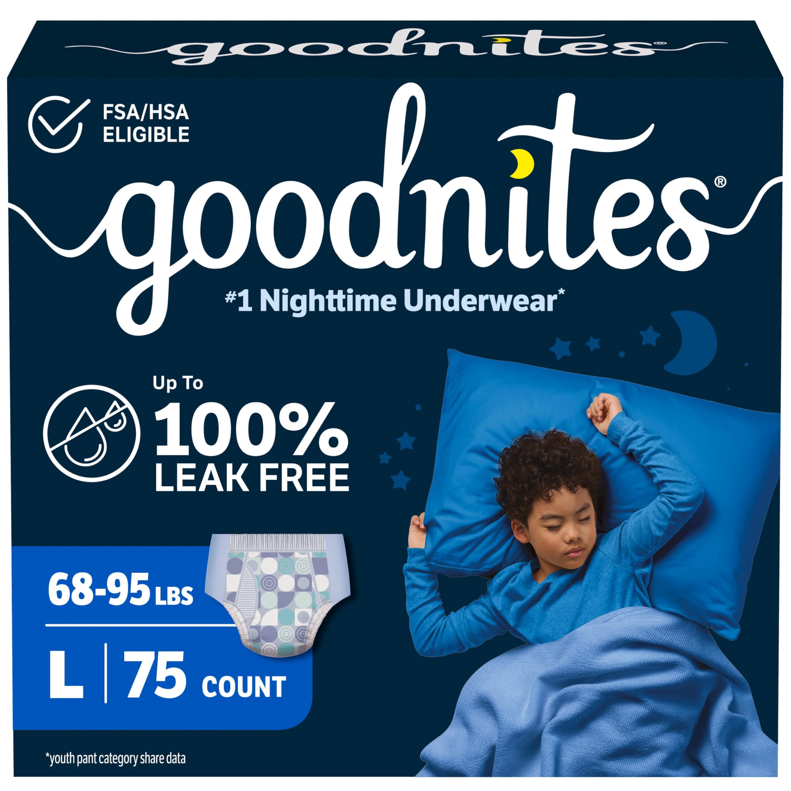 GoodNites empaque frontal mostrando 75 unidades y beneficio de protección nocturna