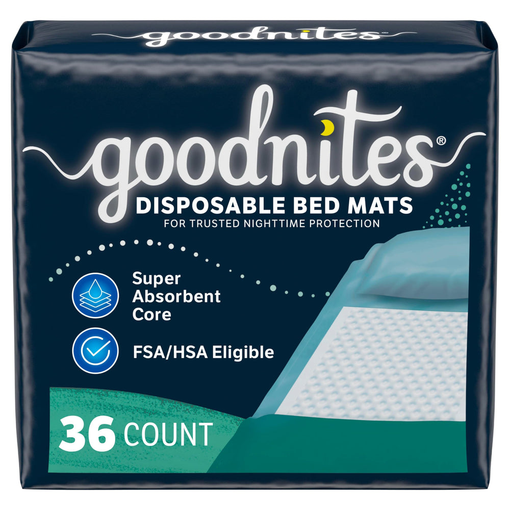 GoodNites empaque frontal mostrando 36 tapetes y beneficios