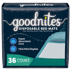GoodNites empaque frontal mostrando 36 tapetes y beneficios