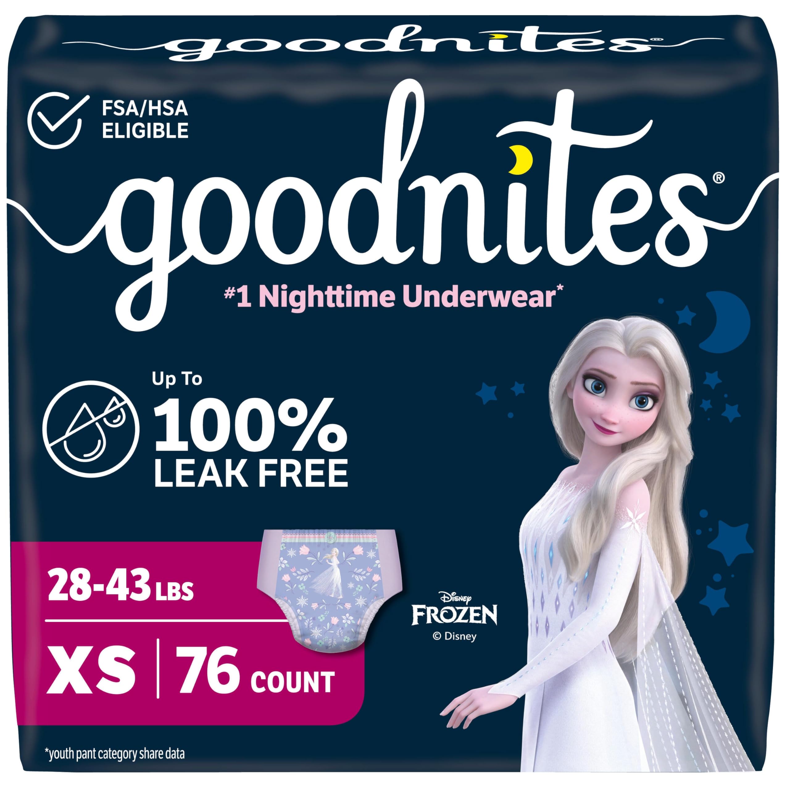 GoodNites empaque frontal mostrando 76 unidades y ventaja de protección