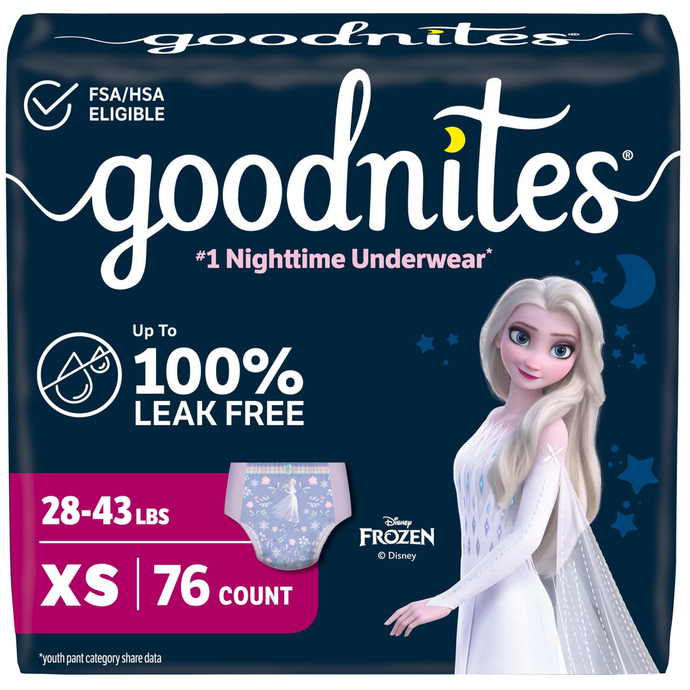 GoodNites empaque frontal mostrando 76 unidades y ventaja de protección