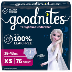 GoodNites empaque frontal mostrando 76 unidades y ventaja de protección