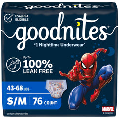 GoodNites empaque frontal mostrando protección y diseño Spider‑Man
