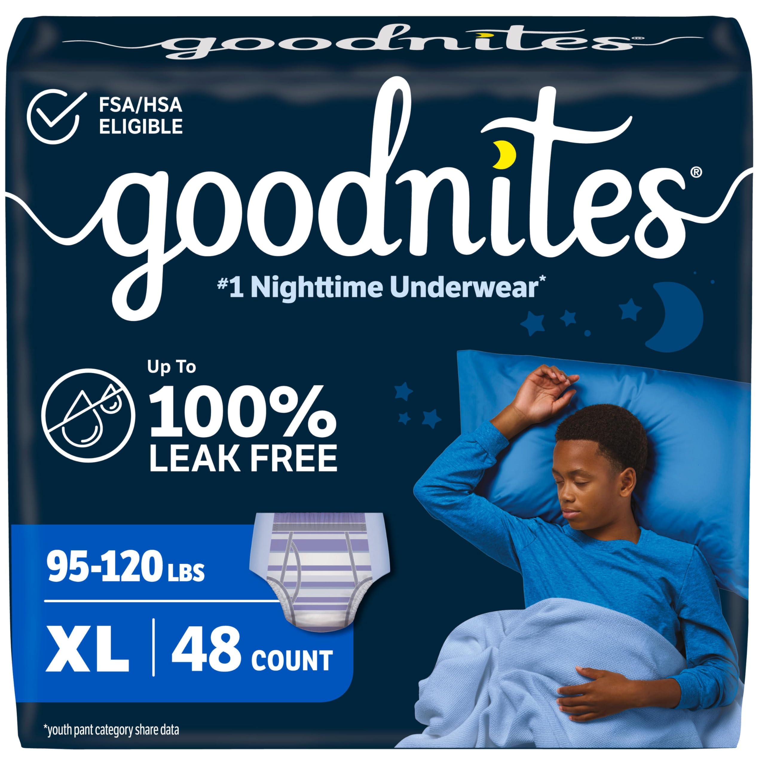 GoodNites frente del paquete XL mostrando cantidad y talla, transmite confianza