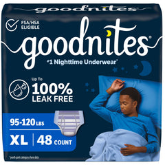 GoodNites frente del paquete XL mostrando cantidad y talla, transmite confianza