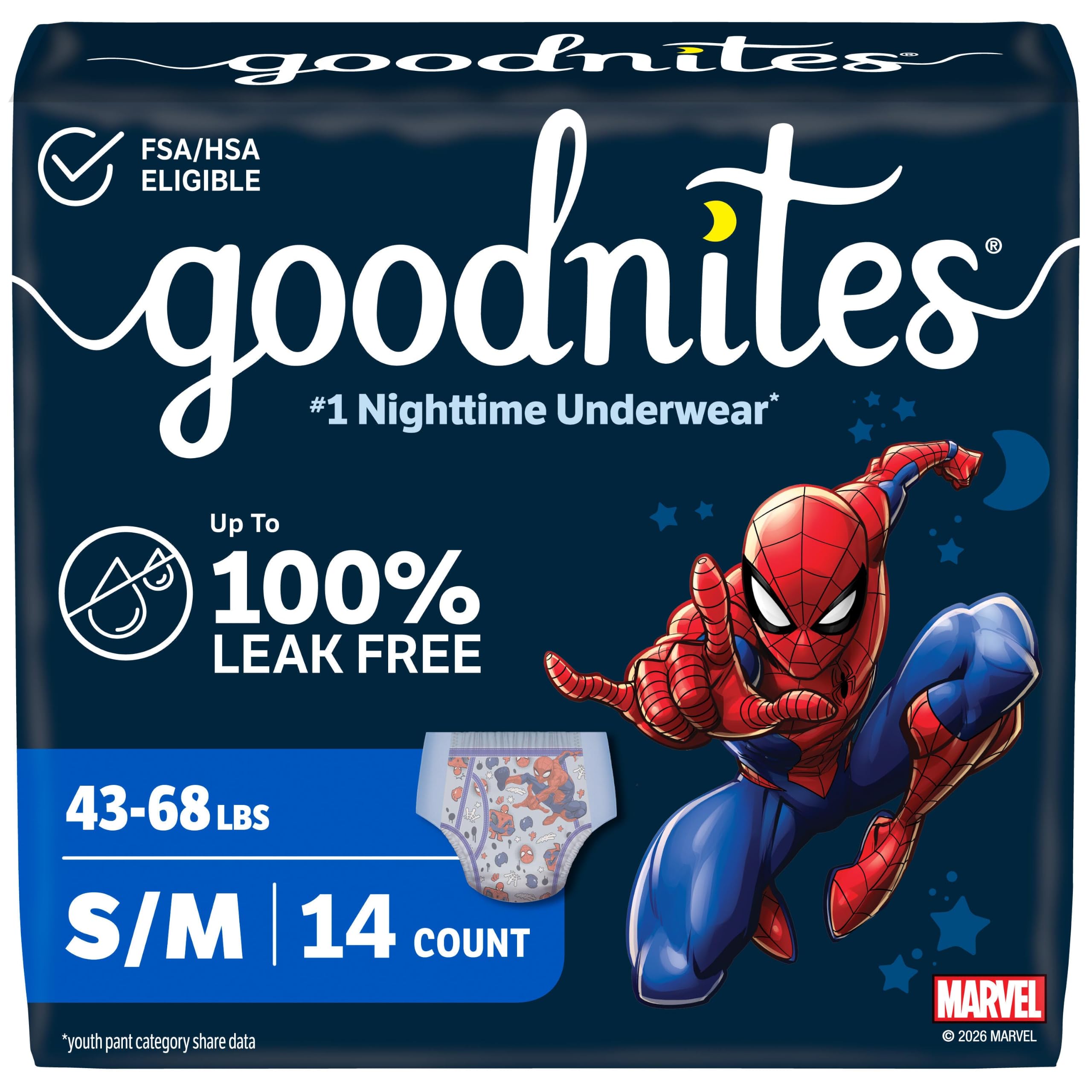 GoodNites paquete frontal con diseño Spider-Man que transmite seguridad nocturna