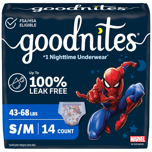 GoodNites paquete frontal con diseño Spider-Man que transmite seguridad nocturna