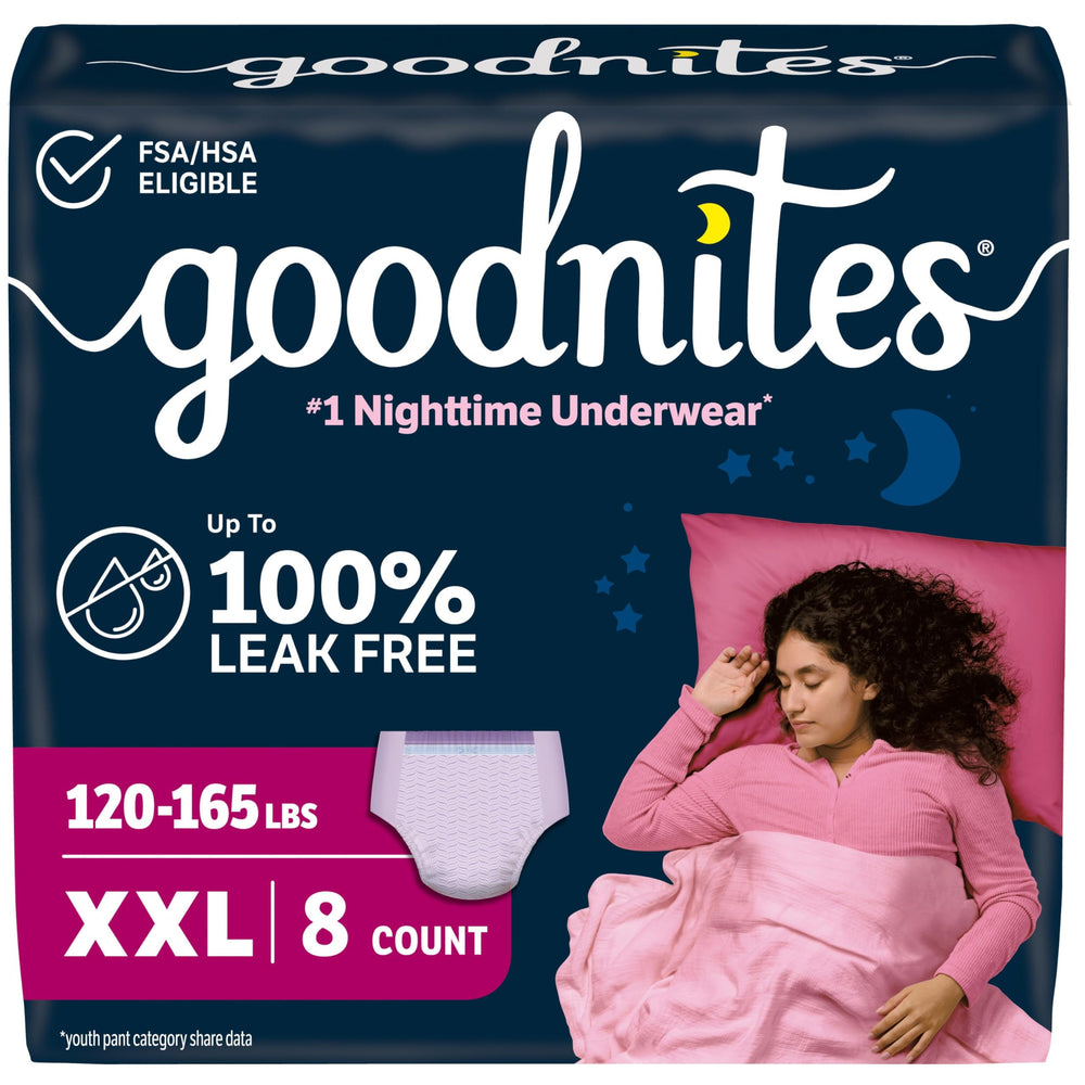 GoodNites frente del paquete XXL mostrando talla y beneficio de protección