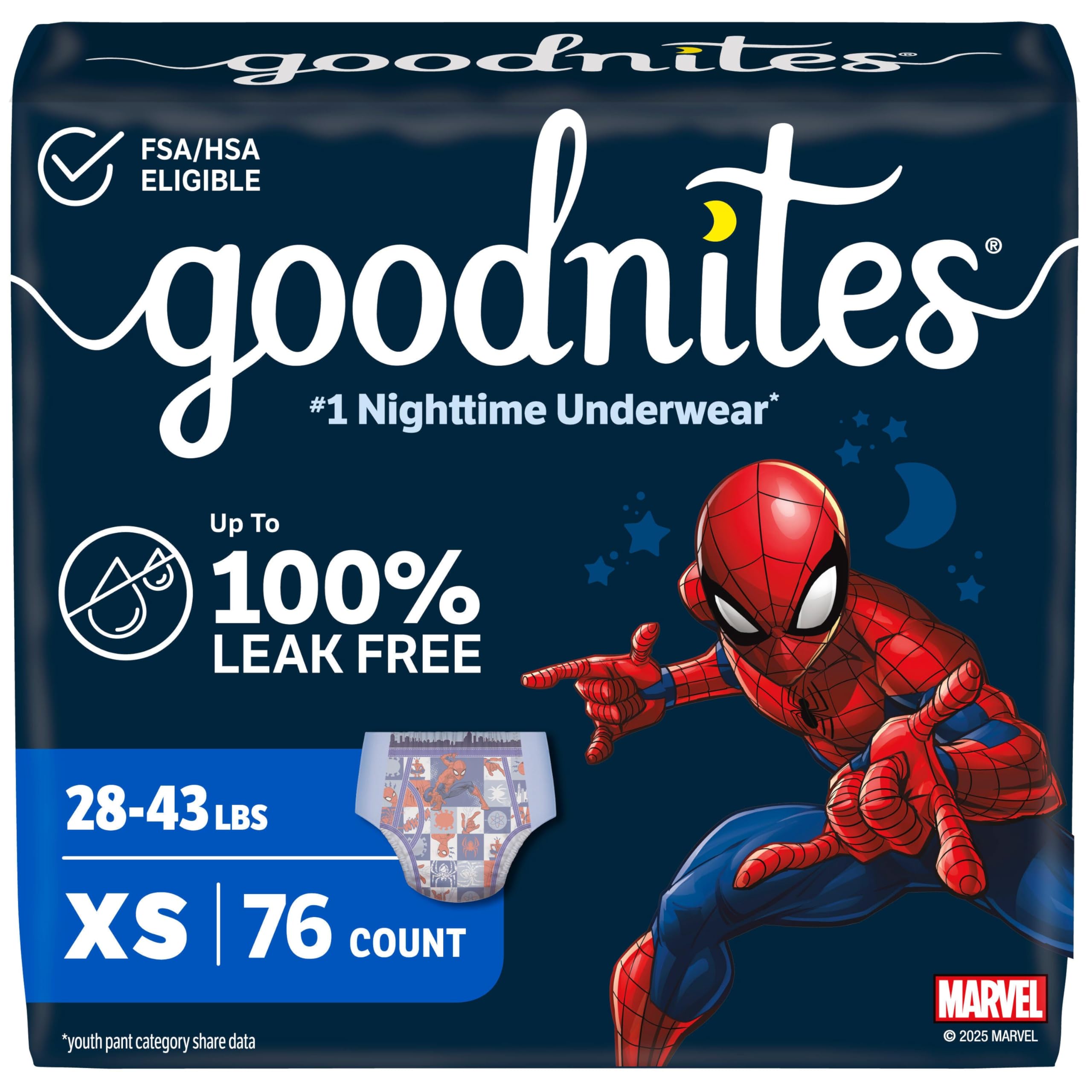 GoodNites paquete frontal mostrando 76 unidades y diseño Spiderman, protección nocturna