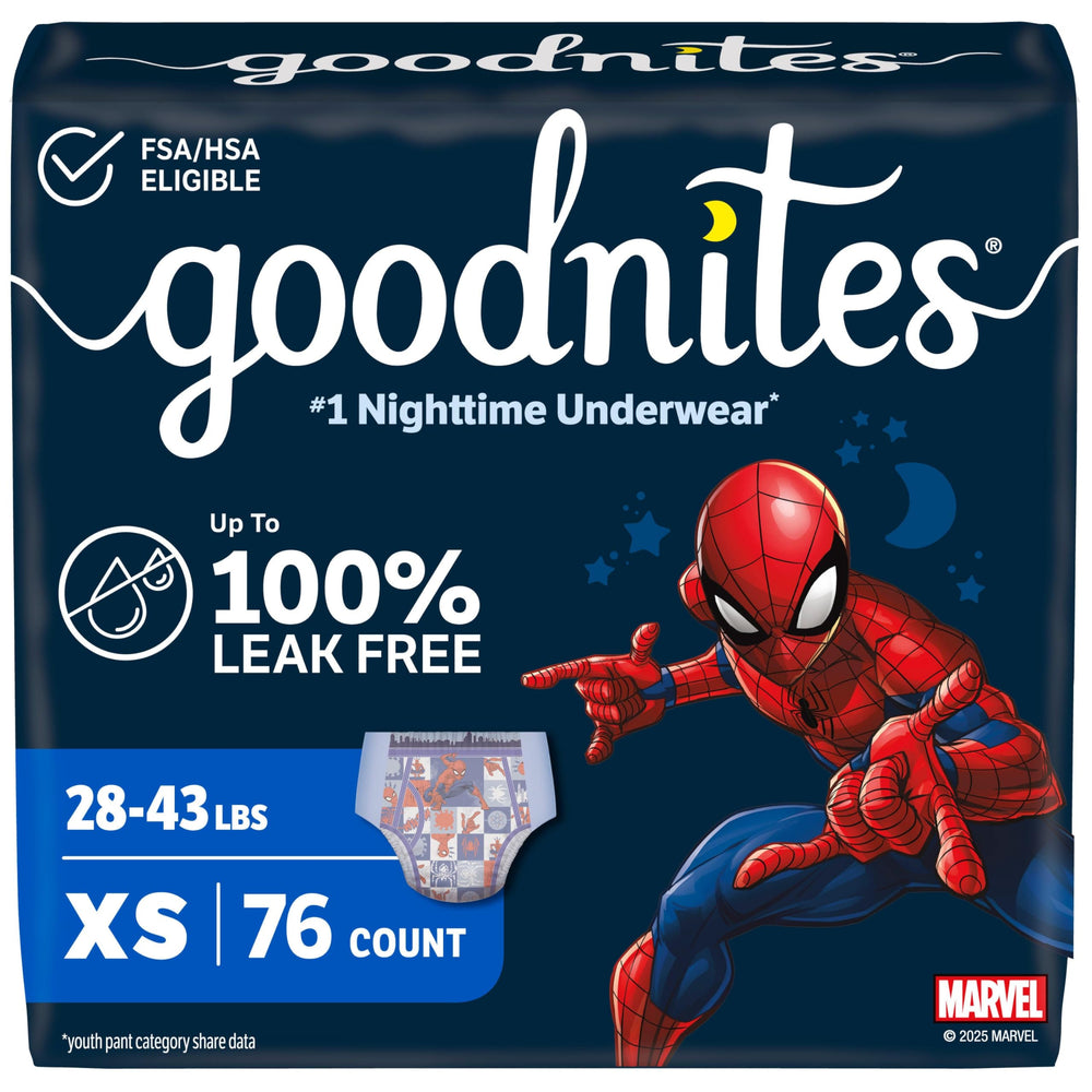 GoodNites paquete frontal mostrando 76 unidades y diseño Spiderman, protección nocturna
